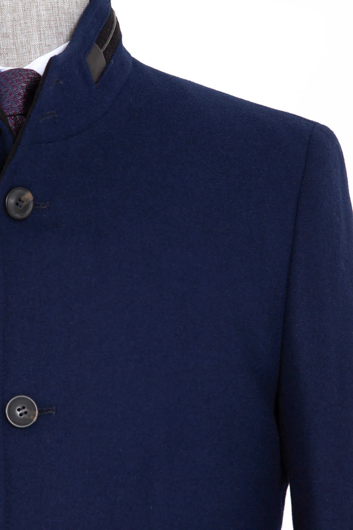 Slim Fit Notch Lapel New Terra Wool Navy Overcoat, Navy