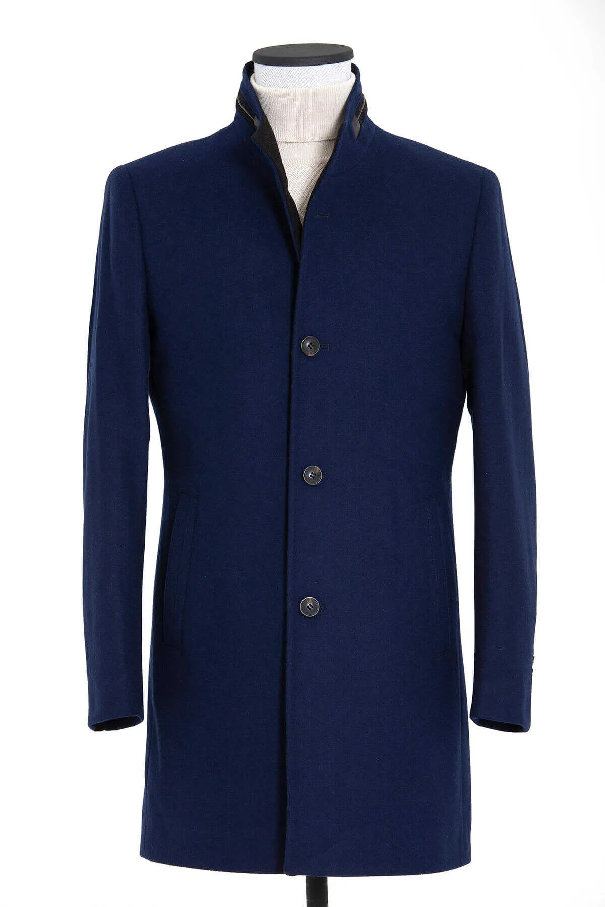 Slim Fit Notch Lapel New Terra Wool Navy Overcoat, Navy