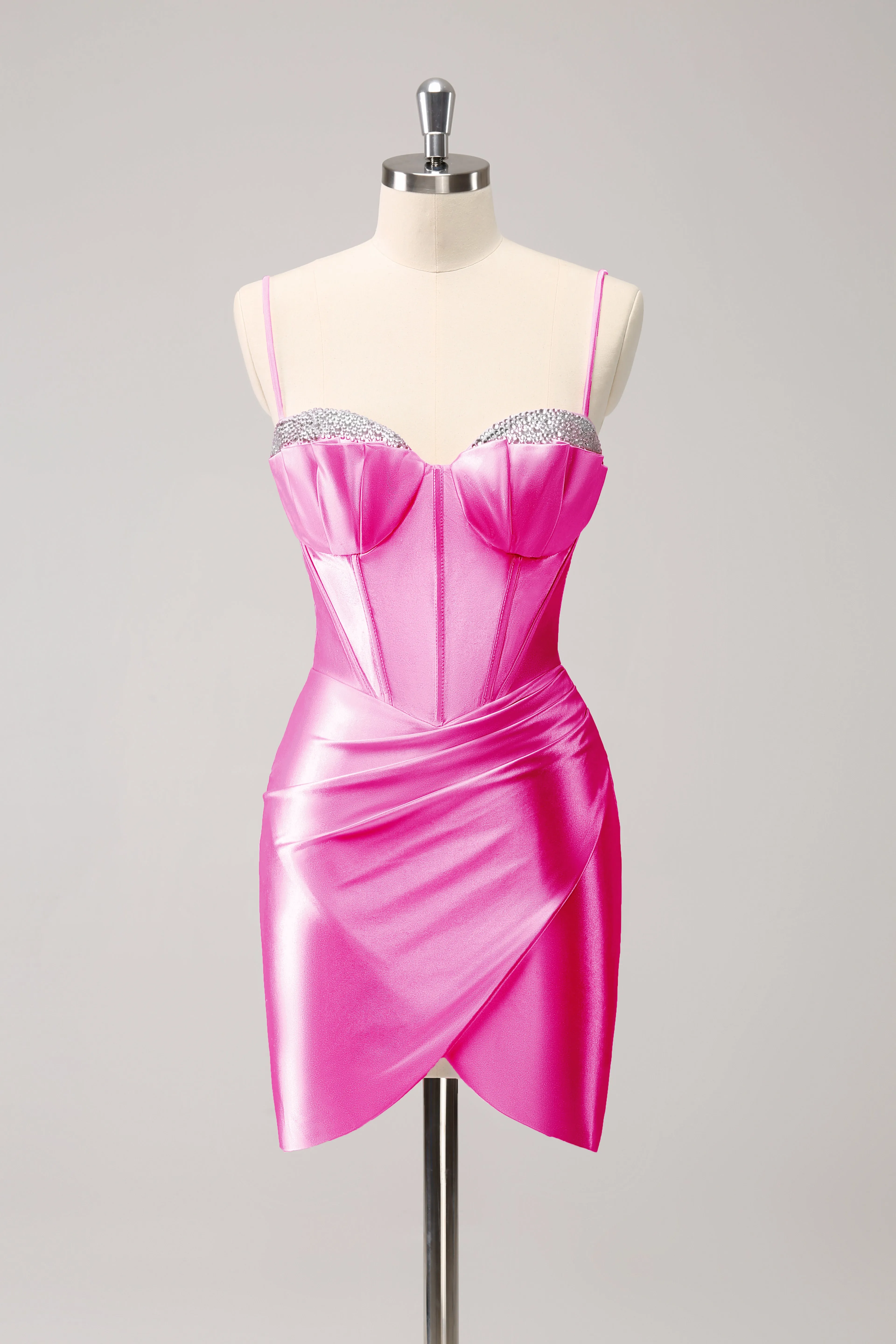 Sparkly Pink Tight Spaghetti Straps Corset Pleated Short Homecoming Dress with Beading
