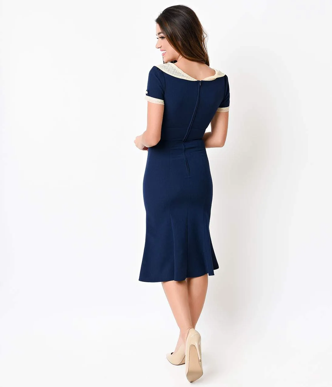 Stop Staring! 1930s Navy & Ivory Lace Cap Sleeve Railene Dress
