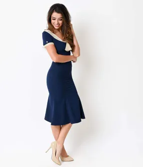 Stop Staring! 1930s Navy & Ivory Lace Cap Sleeve Railene Dress