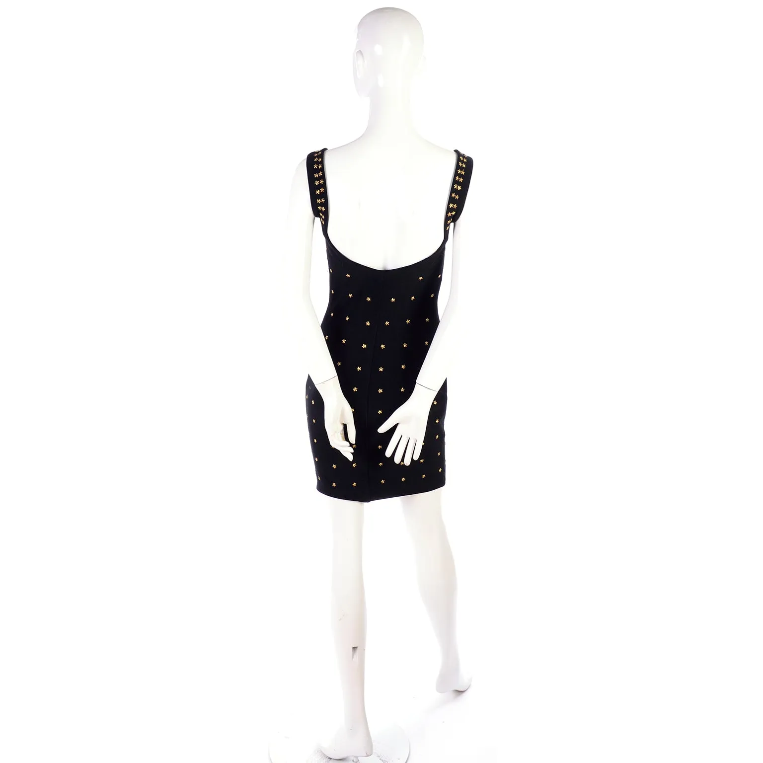 Tadashi Shoji Bodycon Black Stretch Vintage Dress w Gold Star Studs