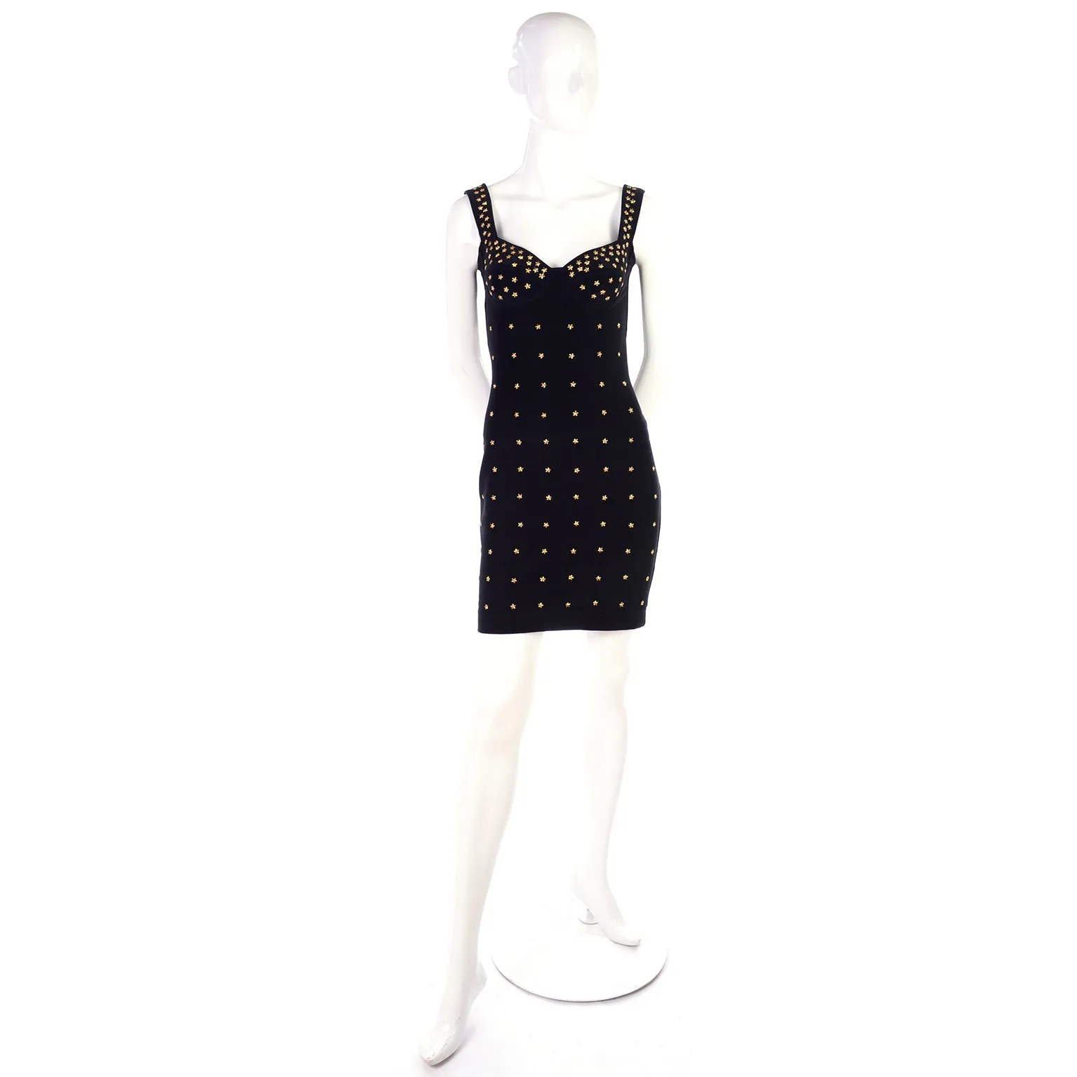 Tadashi Shoji Bodycon Black Stretch Vintage Dress w Gold Star Studs