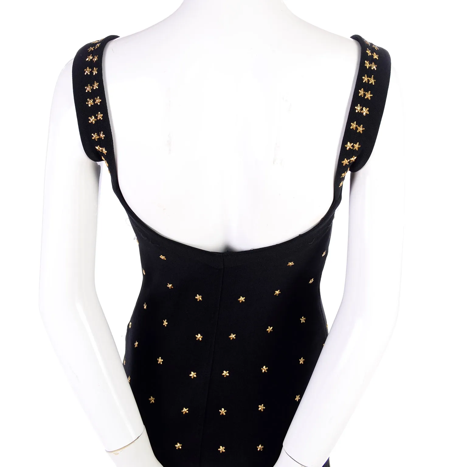 Tadashi Shoji Bodycon Black Stretch Vintage Dress w Gold Star Studs