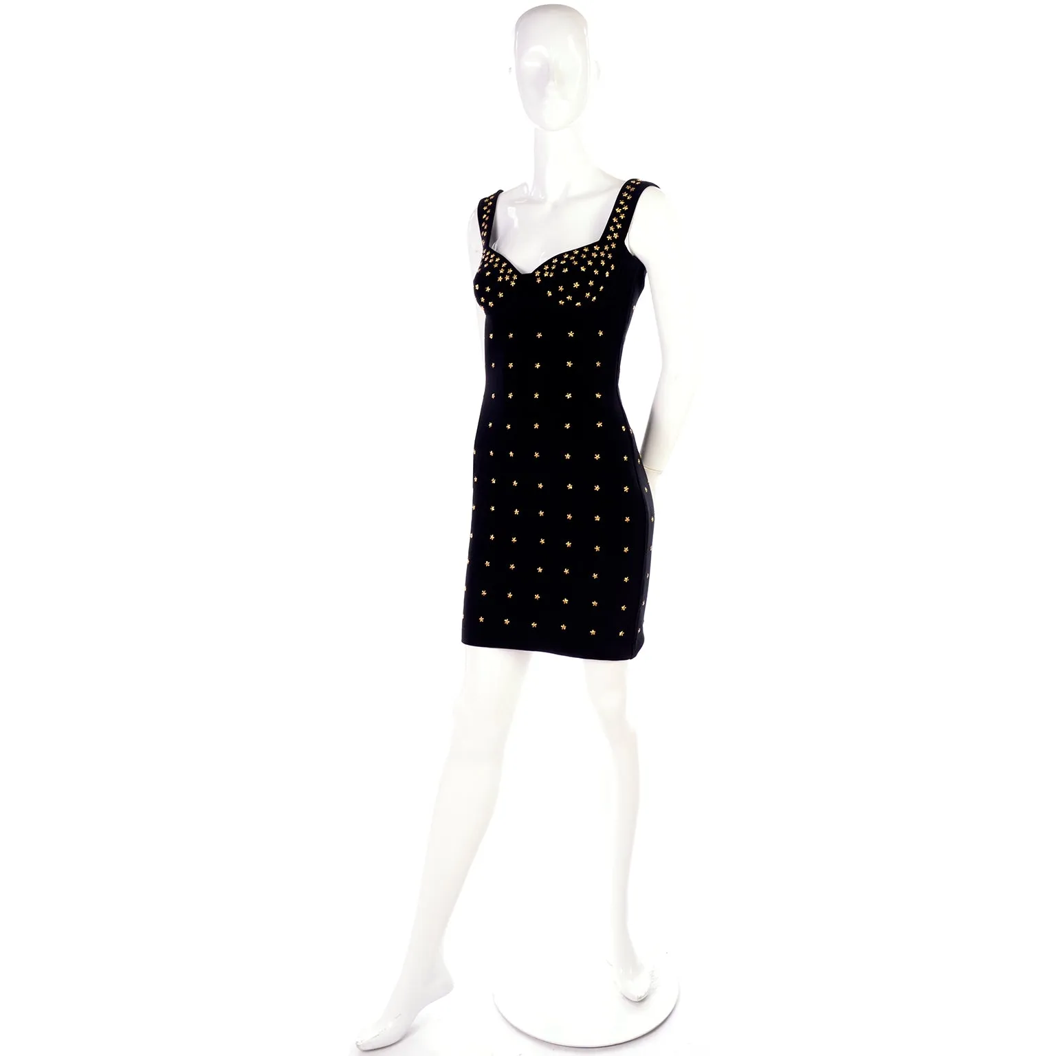 Tadashi Shoji Bodycon Black Stretch Vintage Dress w Gold Star Studs