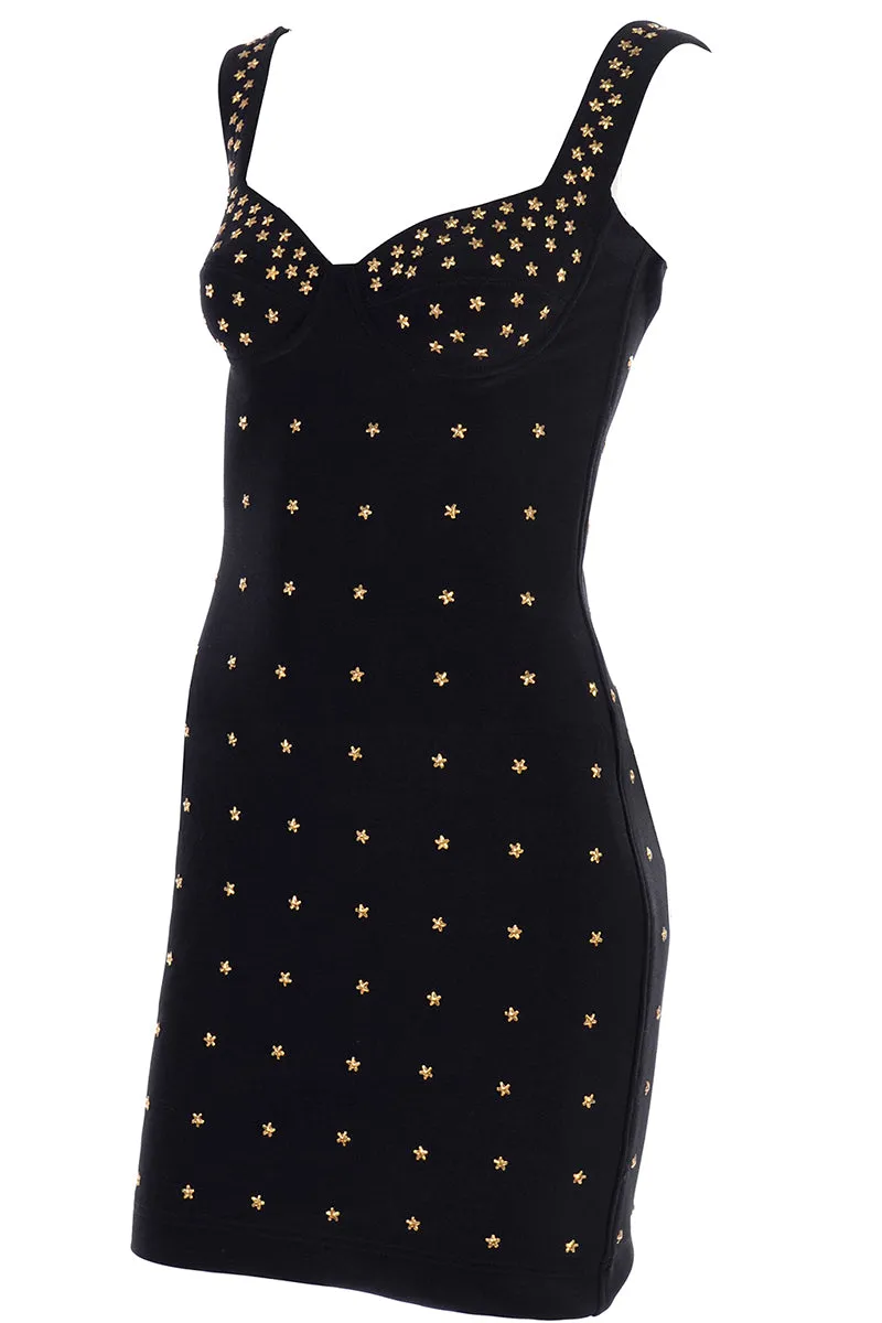 Tadashi Shoji Bodycon Black Stretch Vintage Dress w Gold Star Studs