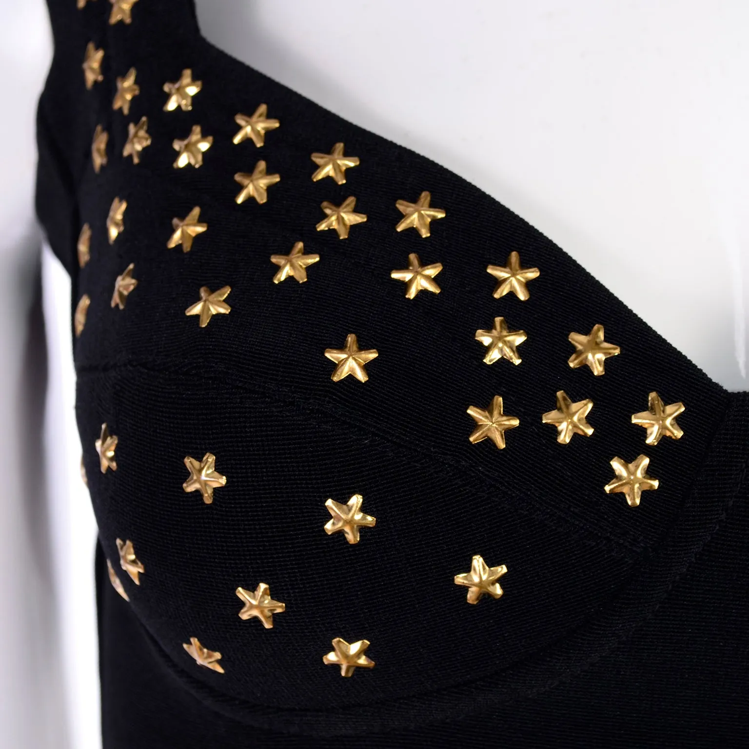 Tadashi Shoji Bodycon Black Stretch Vintage Dress w Gold Star Studs
