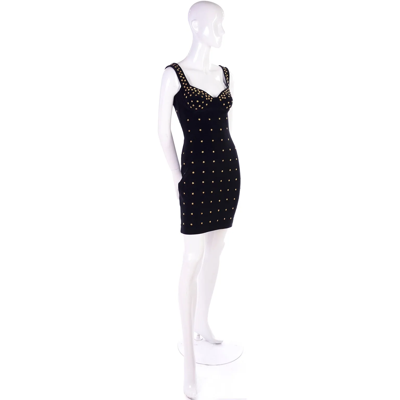 Tadashi Shoji Bodycon Black Stretch Vintage Dress w Gold Star Studs