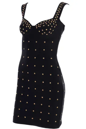 Tadashi Shoji Bodycon Black Stretch Vintage Dress w Gold Star Studs