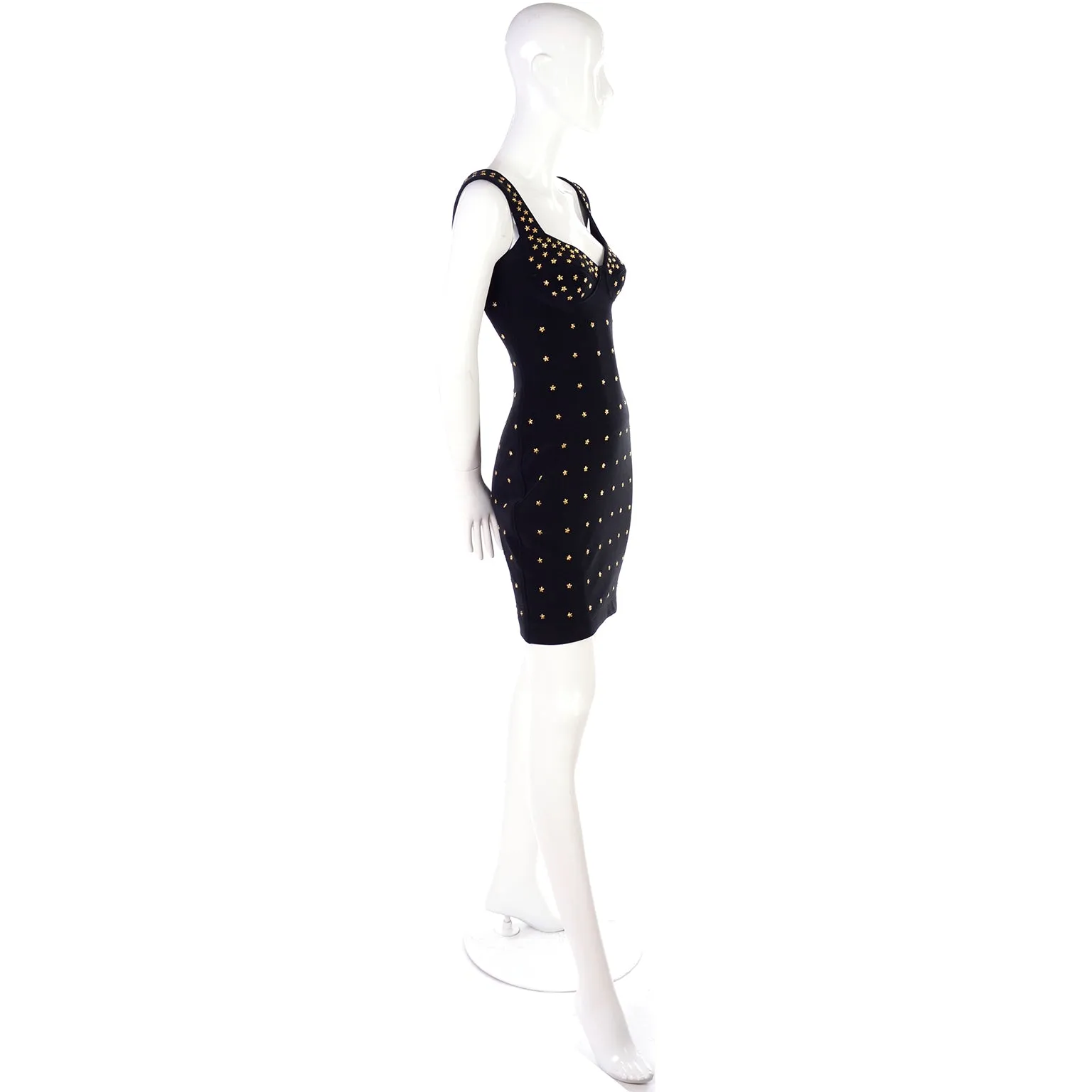 Tadashi Shoji Bodycon Black Stretch Vintage Dress w Gold Star Studs