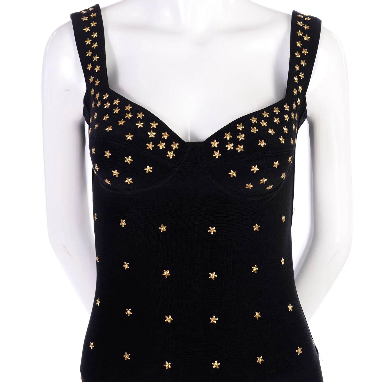 Tadashi Shoji Bodycon Black Stretch Vintage Dress w Gold Star Studs
