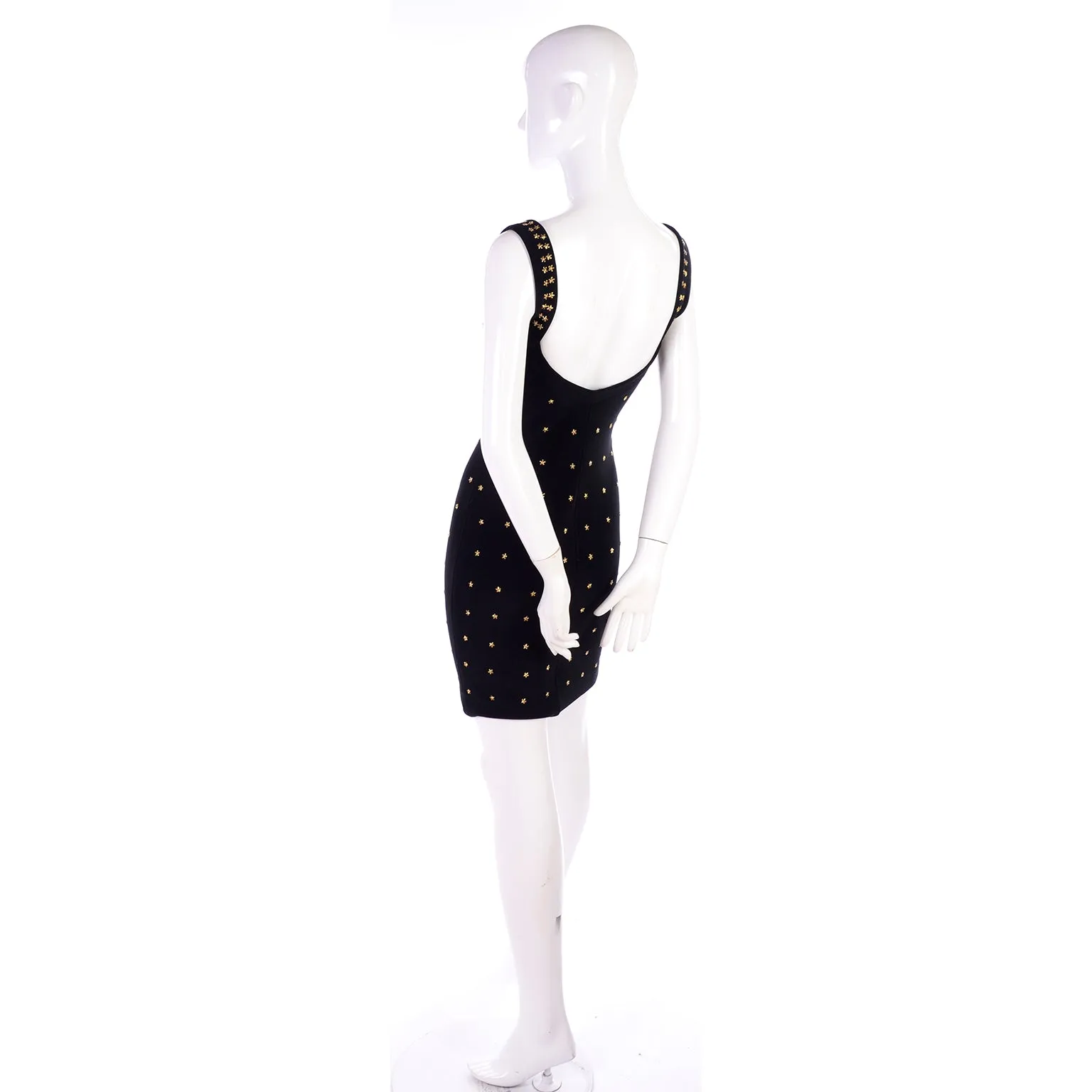 Tadashi Shoji Bodycon Black Stretch Vintage Dress w Gold Star Studs