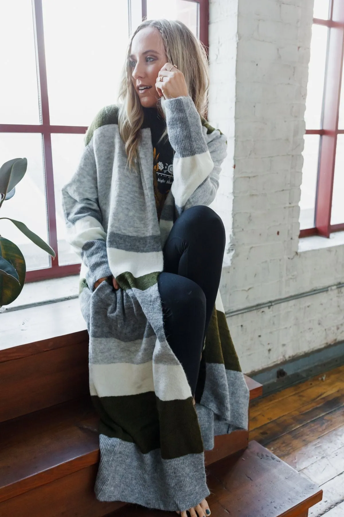 The Nest So Cozy Oversized Striped Knit Duster - Olive Multi