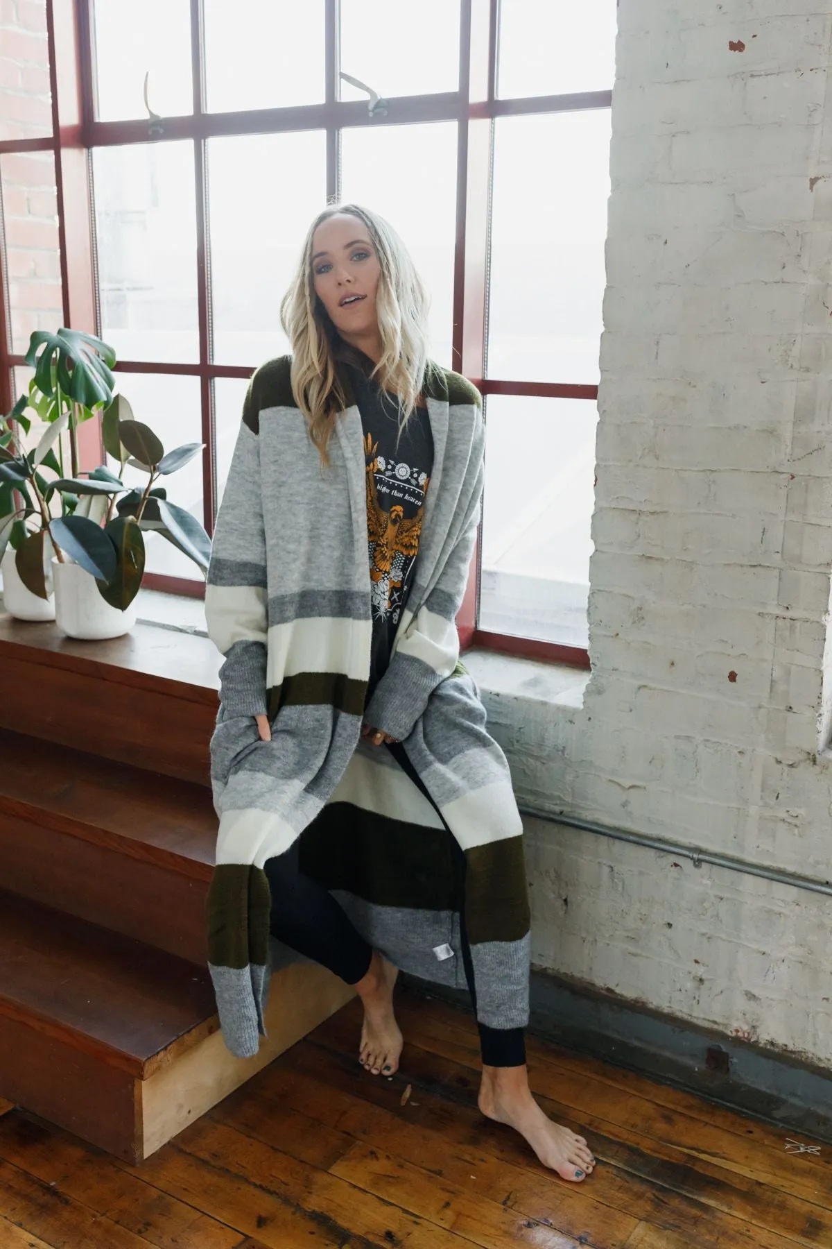 The Nest So Cozy Oversized Striped Knit Duster - Olive Multi