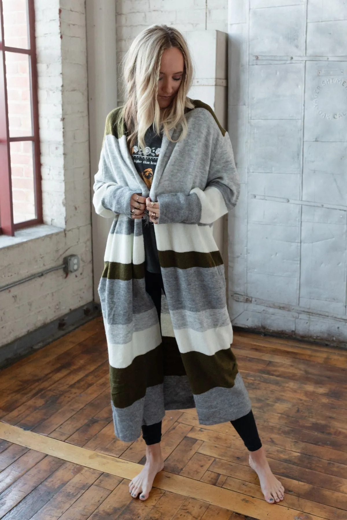 The Nest So Cozy Oversized Striped Knit Duster - Olive Multi