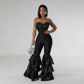 Trendy Black Satin Ruffle Halter Jumpsuit