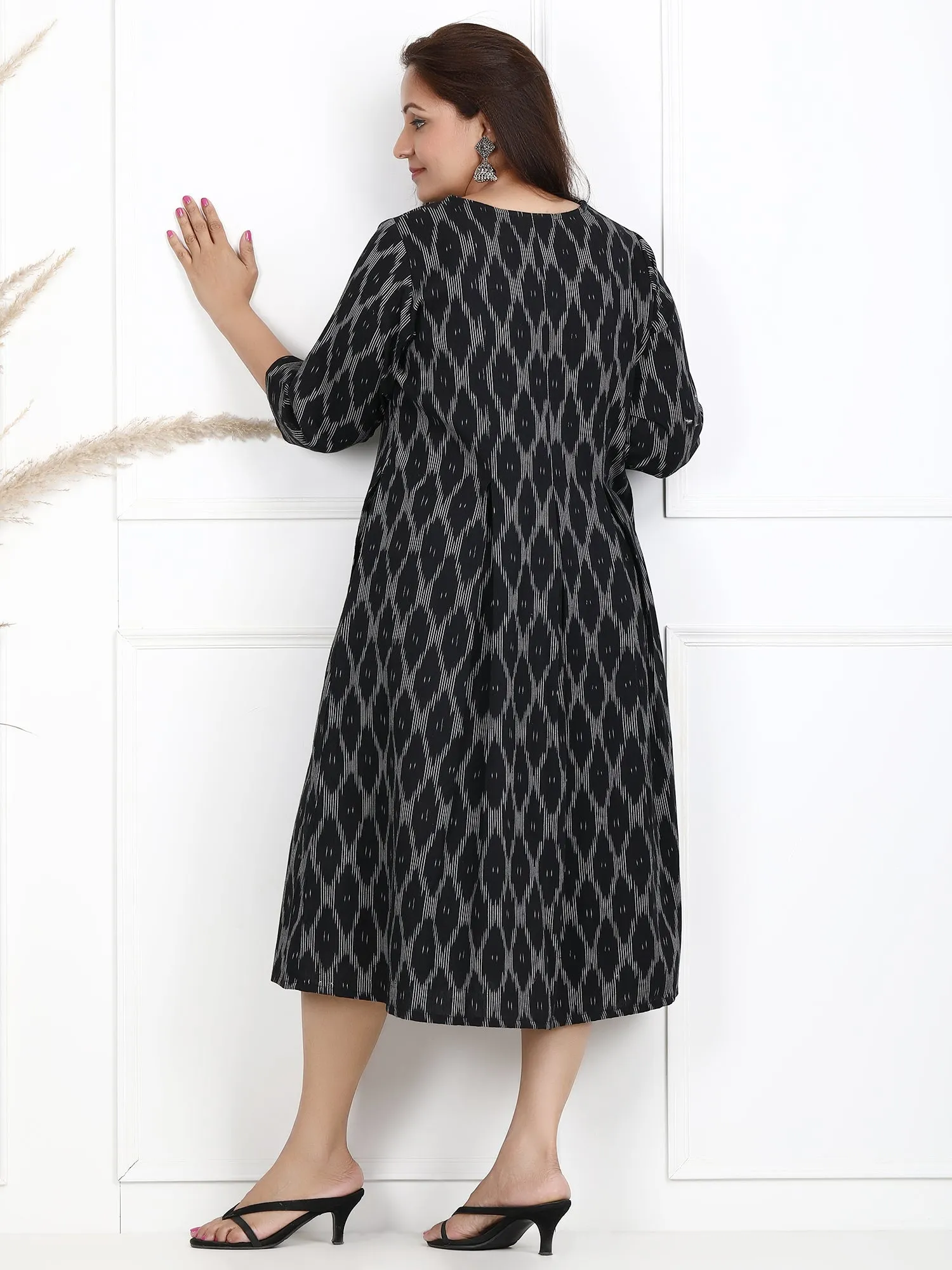 Twisha Black Ikat Midi Cotton Dress