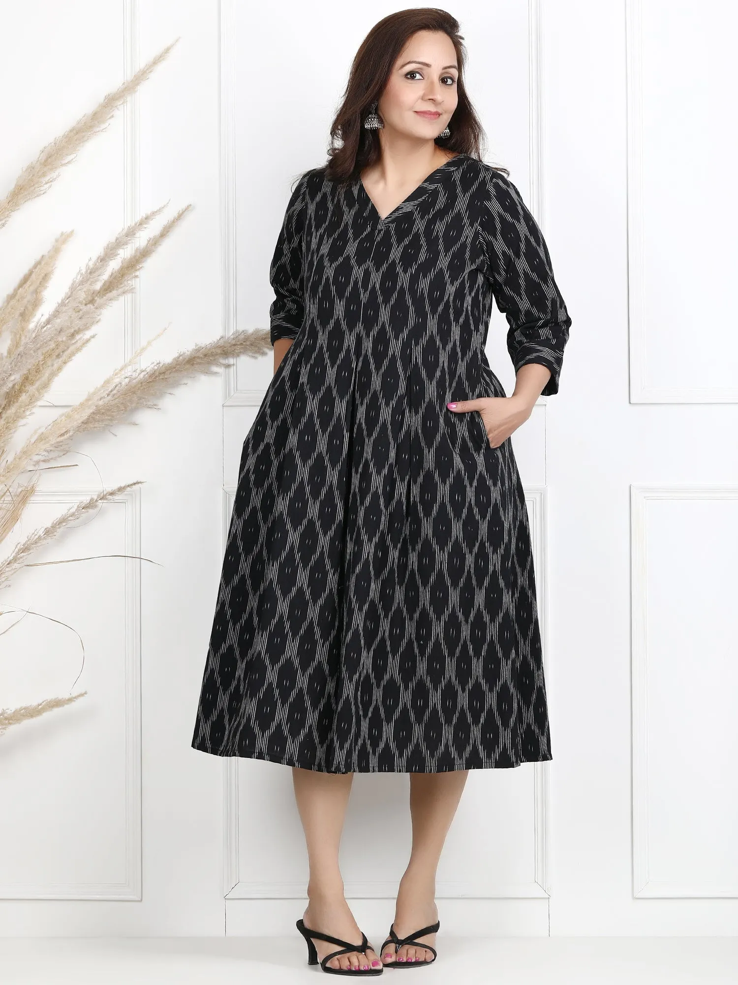 Twisha Black Ikat Midi Cotton Dress