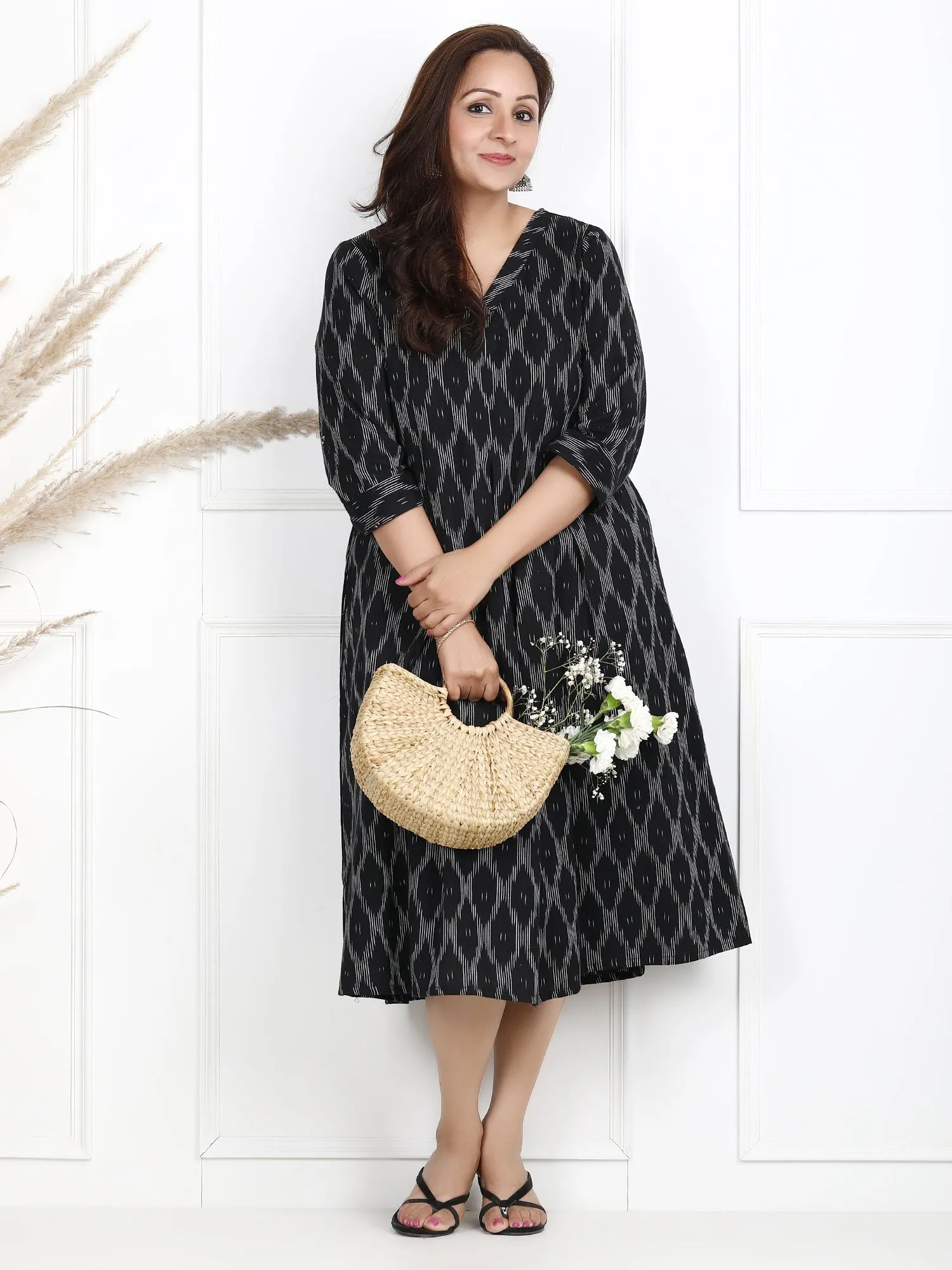 Twisha Black Ikat Midi Cotton Dress