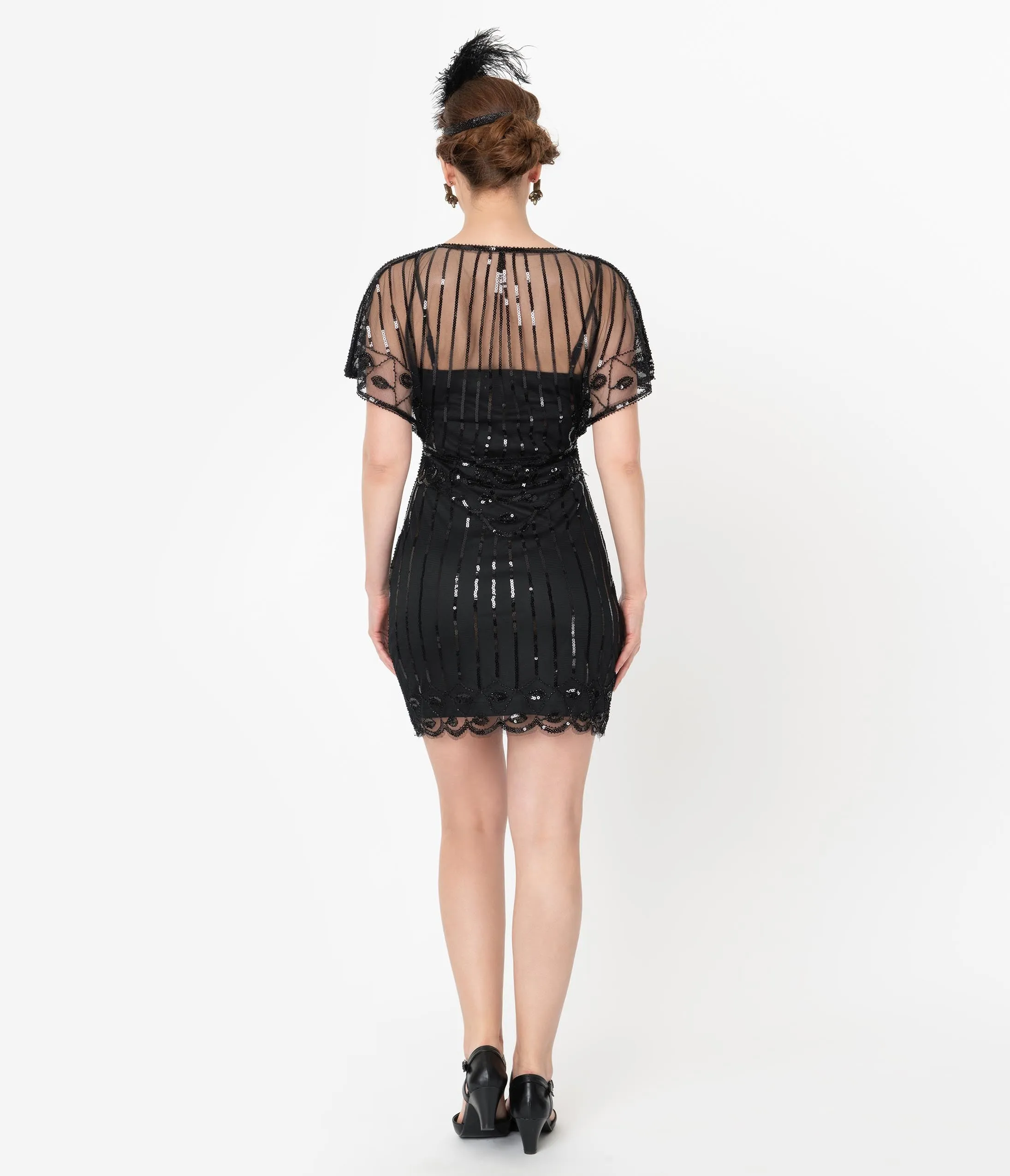 Unique Vintage Black Beaded Angel Sleeve Oxsana Flapper Dress