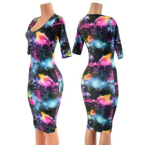 UV Glow Galaxy Half Sleeve Wiggle Dress