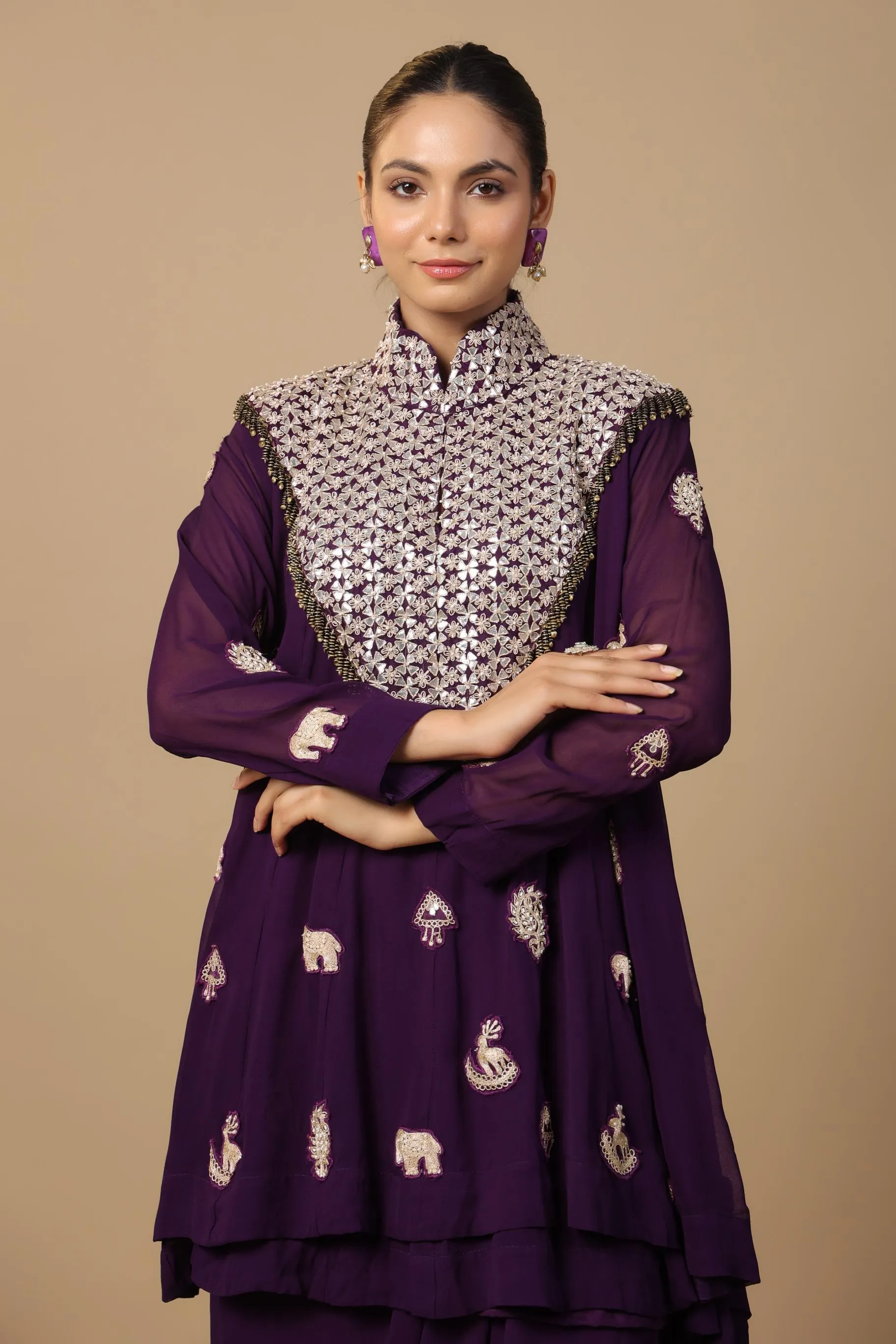 Wine Embellished Premium Georgette Silk Skirt Set