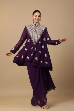 Wine Embellished Premium Georgette Silk Skirt Set
