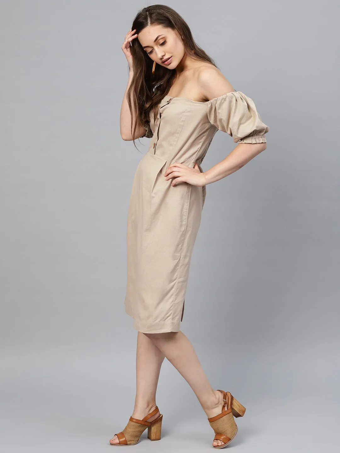 Women Beige Off Shoulder Midi