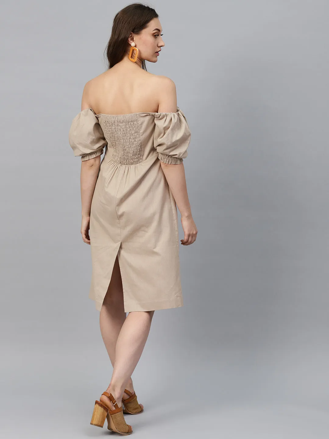 Women Beige Off Shoulder Midi