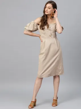 Women Beige Off Shoulder Midi