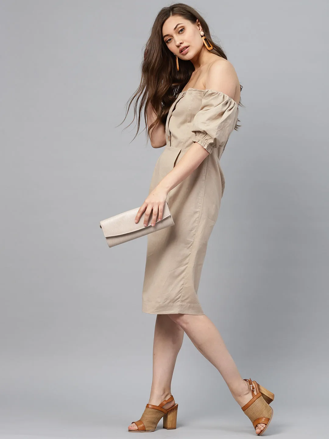 Women Beige Off Shoulder Midi