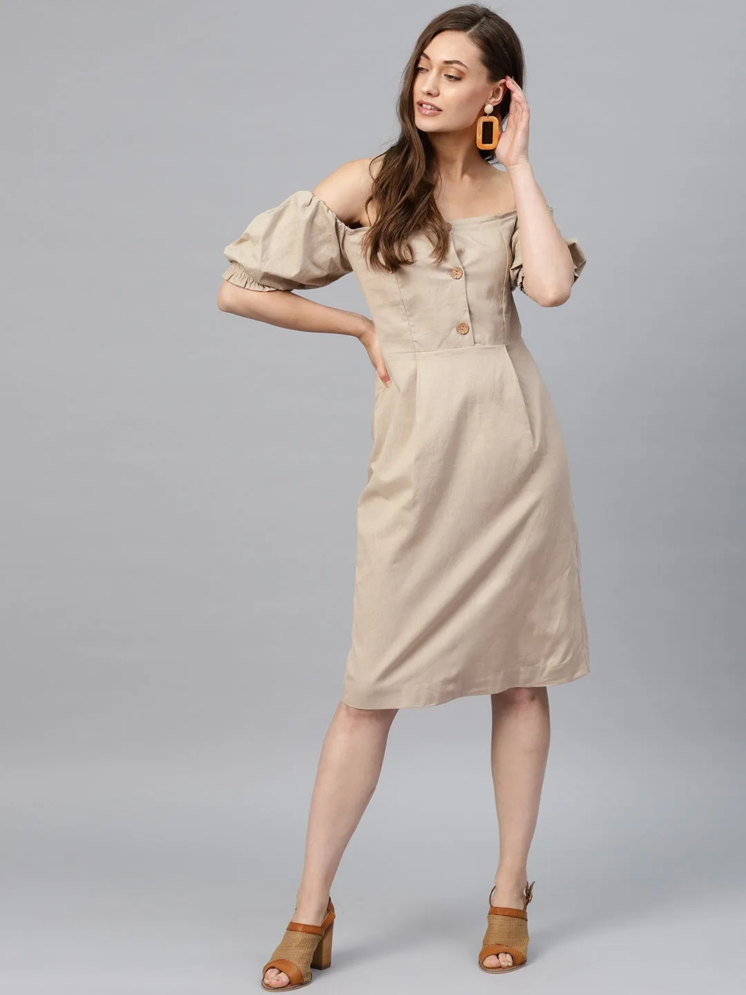 Women Beige Off Shoulder Midi