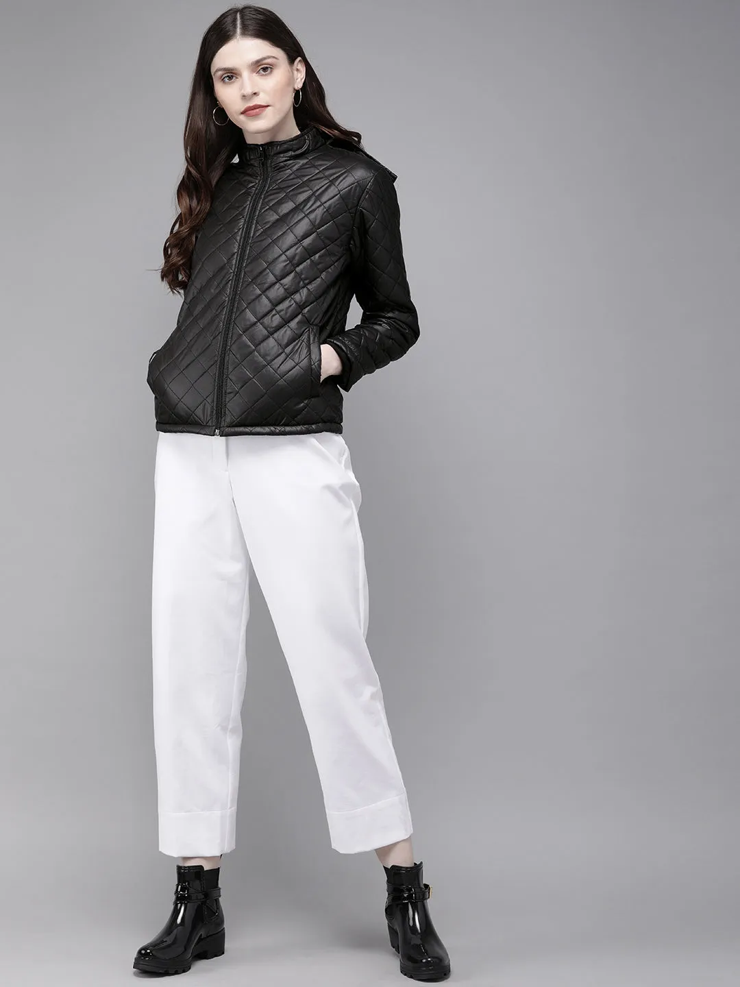 Women Black Quilted Hooded Puffer Jacket