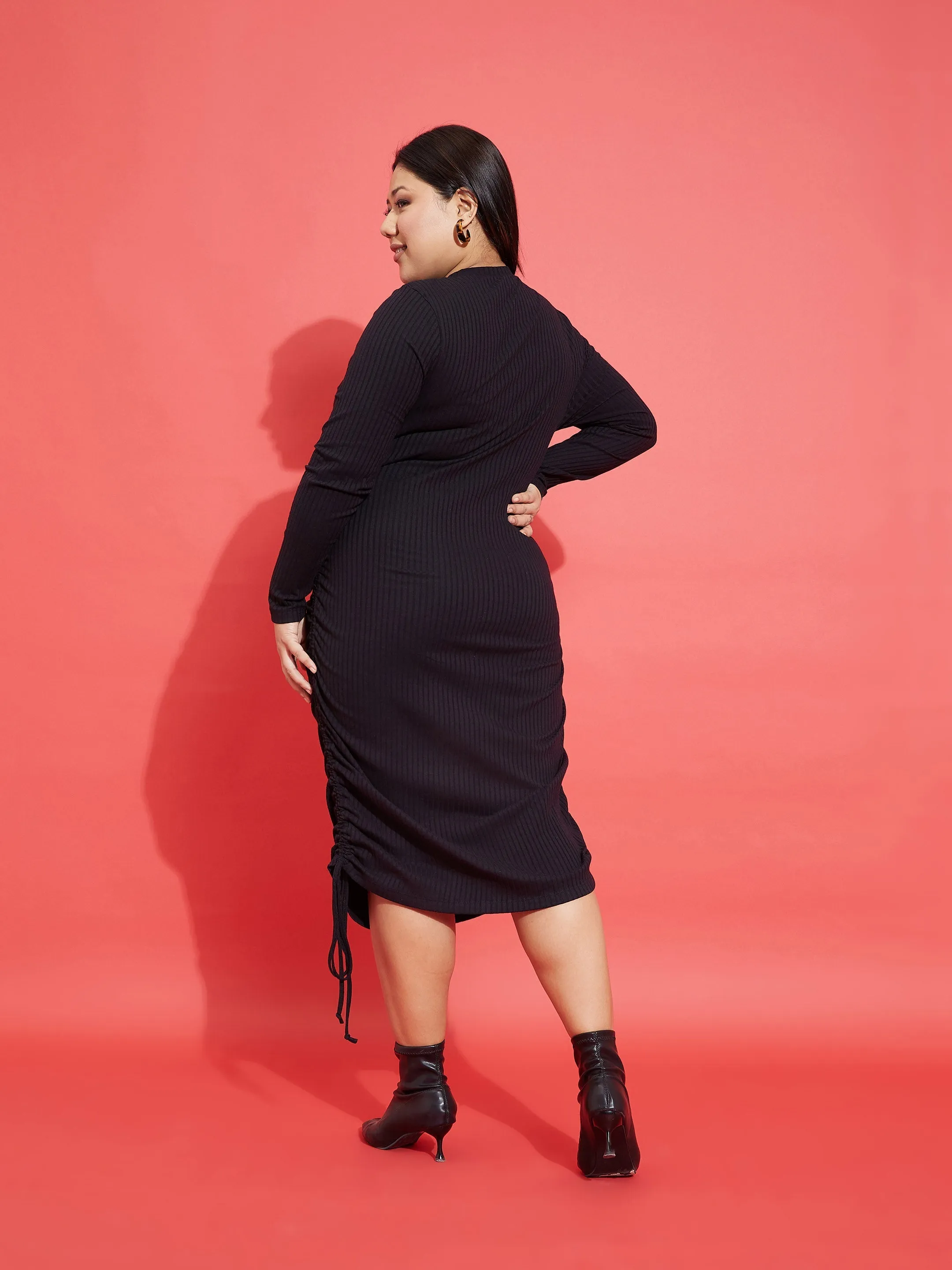 Women Black Rib Side Ruching Bodycon Dress