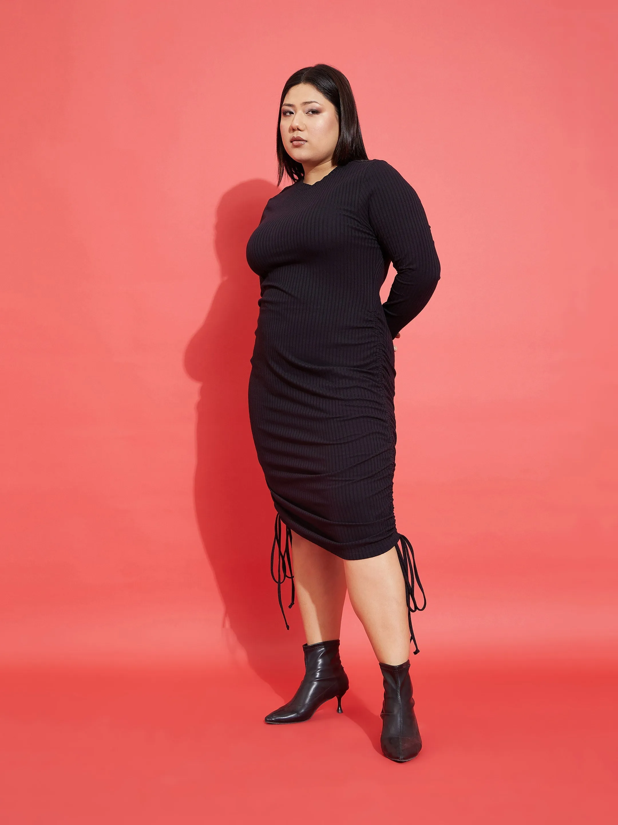 Women Black Rib Side Ruching Bodycon Dress