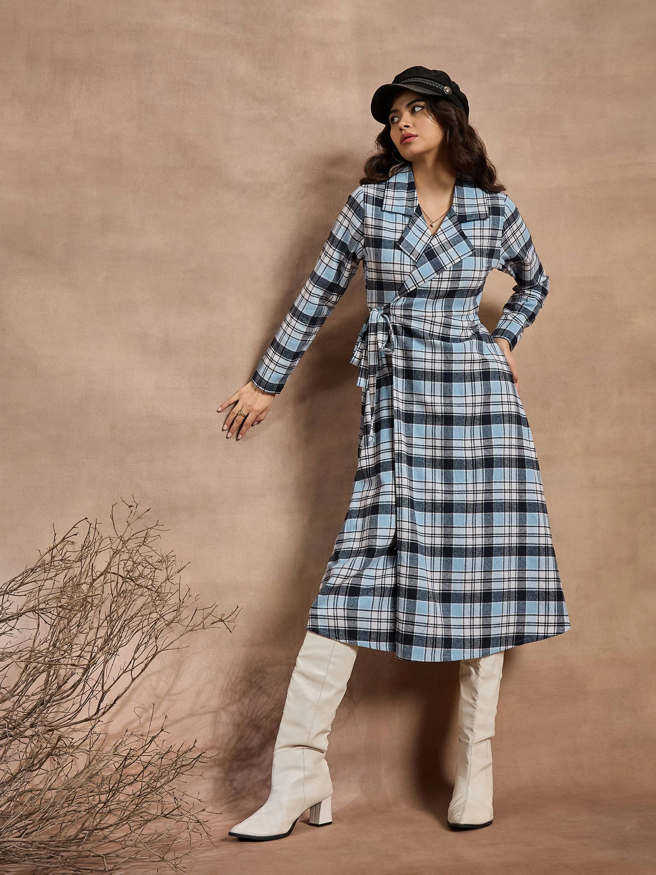 Women Blue Check Wrap Tie-Up Midi Dress