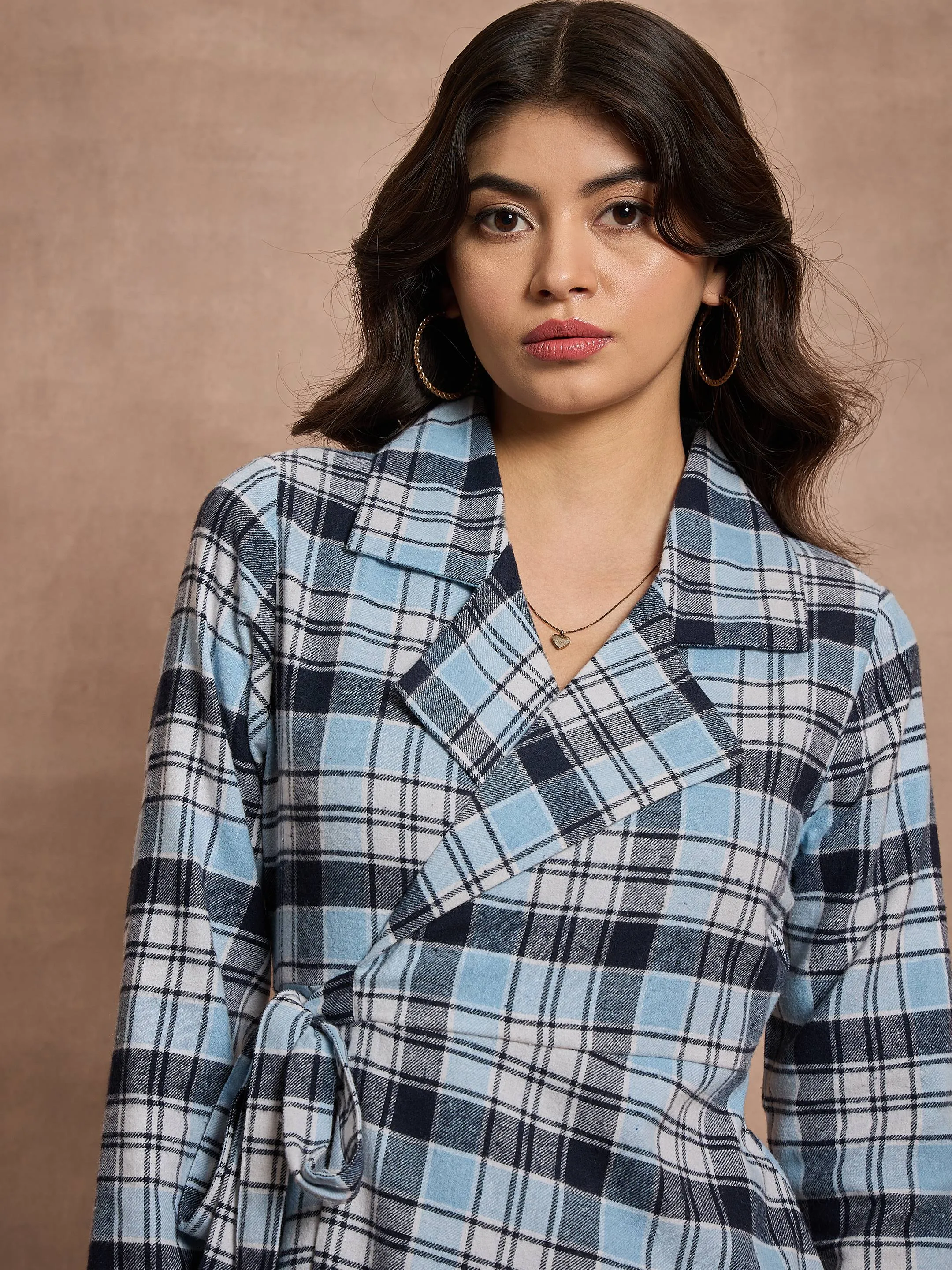 Women Blue Check Wrap Tie-Up Midi Dress