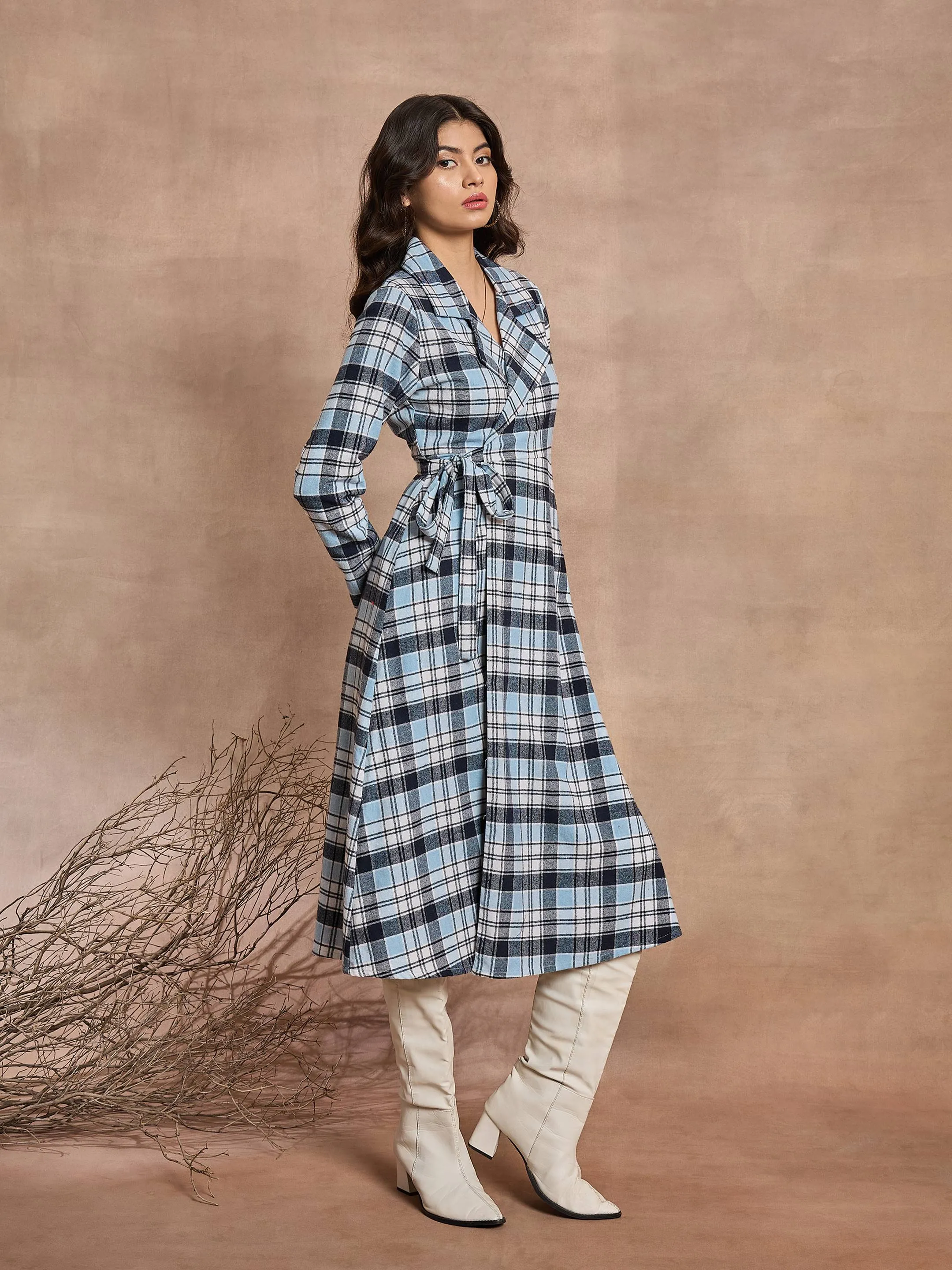 Women Blue Check Wrap Tie-Up Midi Dress