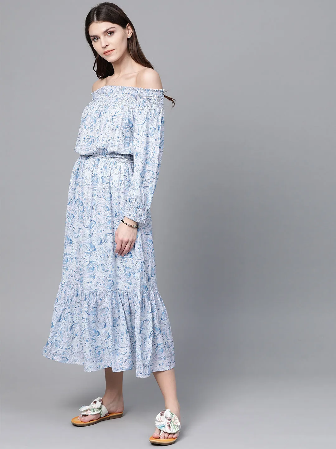 Women Blue Paisley Smocked Bardot Midi Dress