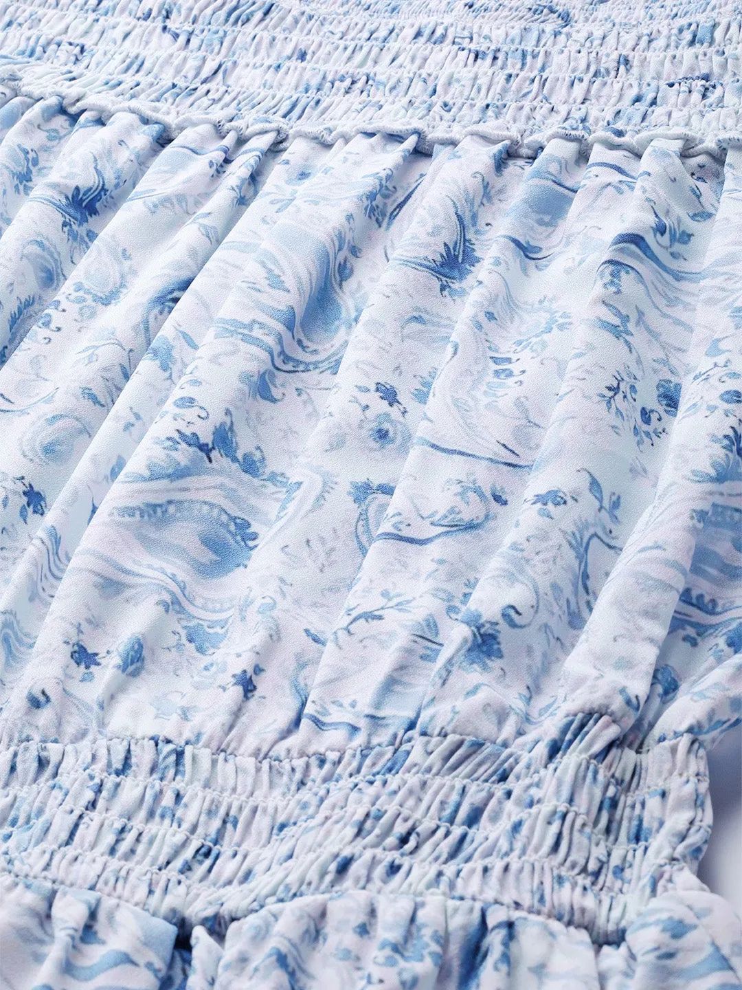 Women Blue Paisley Smocked Bardot Midi Dress