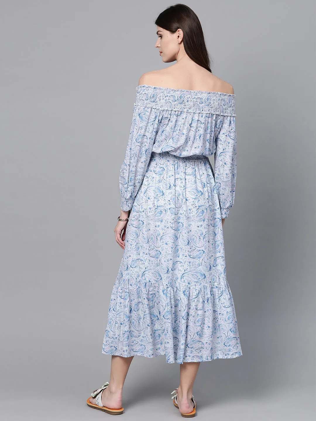 Women Blue Paisley Smocked Bardot Midi Dress
