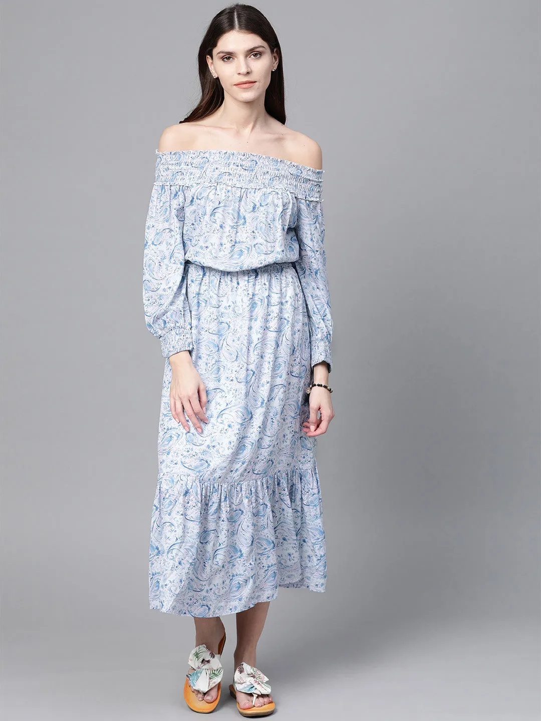 Women Blue Paisley Smocked Bardot Midi Dress