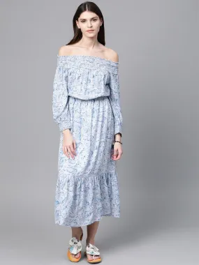 Women Blue Paisley Smocked Bardot Midi Dress