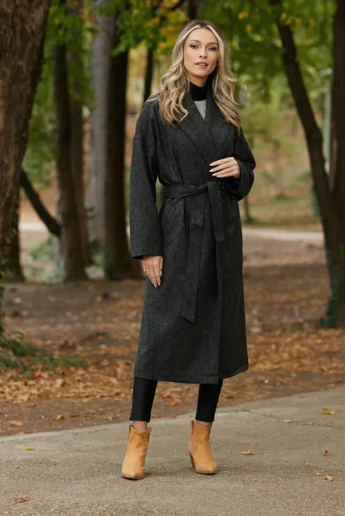 Women Grey Winter Long Coat, Classic Double Breasted Belted Coat For Her