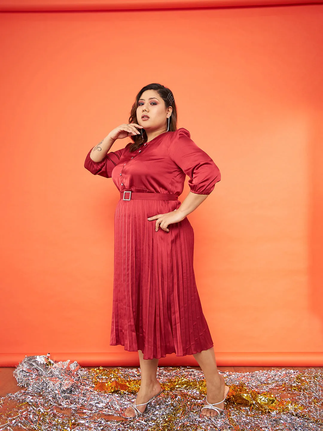Women Red Satin Accordion Pleated Belted Midi Dress