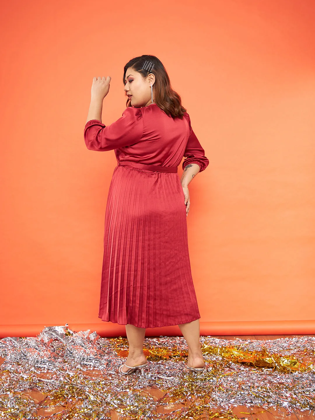 Women Red Satin Accordion Pleated Belted Midi Dress