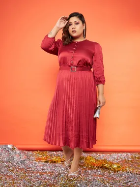 Women Red Satin Accordion Pleated Belted Midi Dress