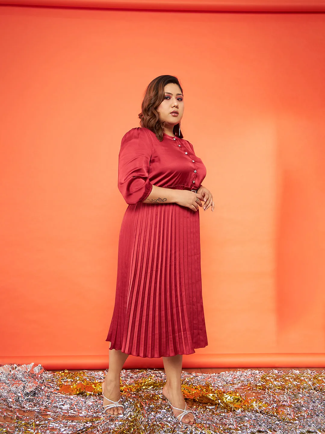 Women Red Satin Accordion Pleated Belted Midi Dress