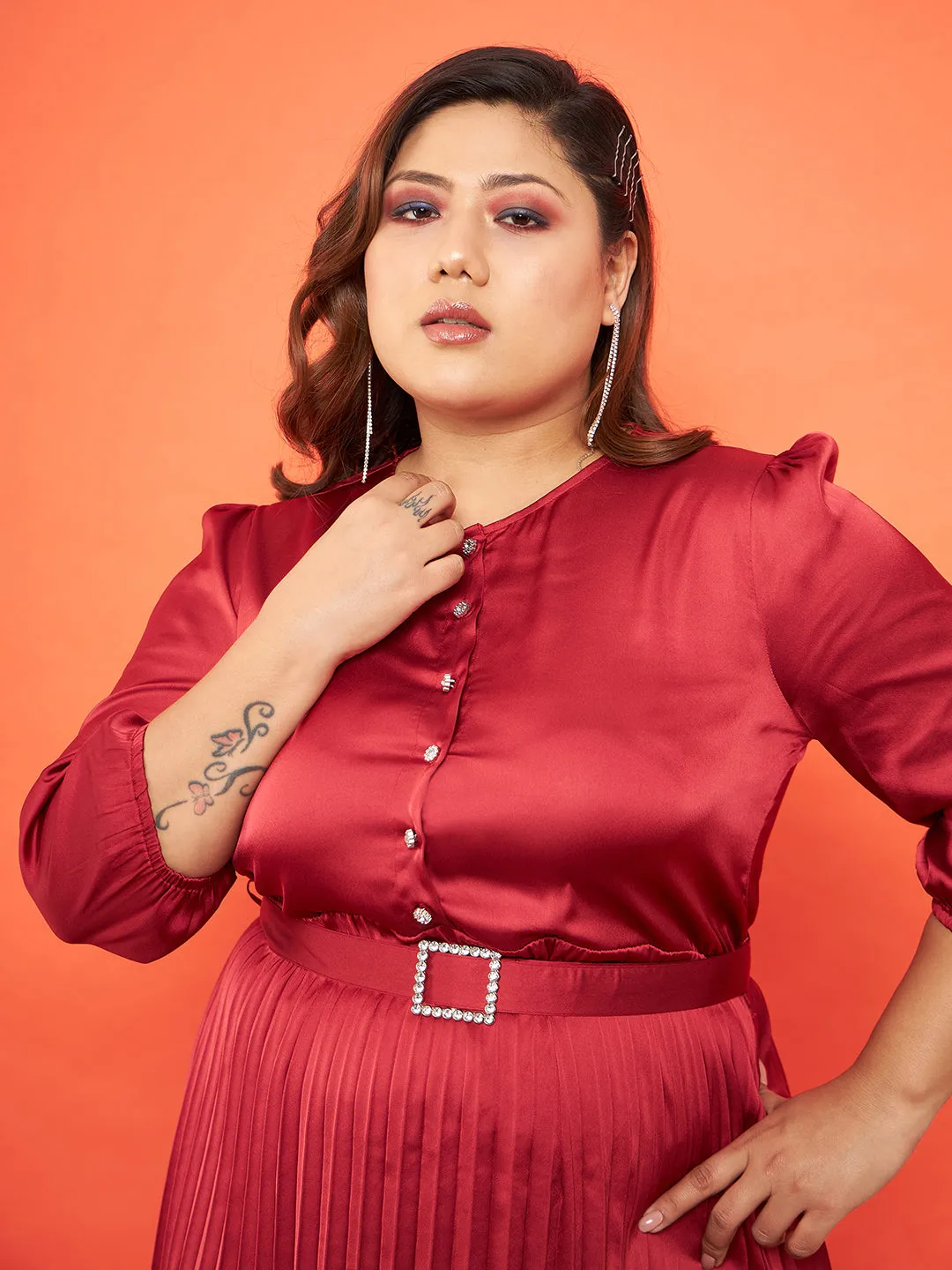 Women Red Satin Accordion Pleated Belted Midi Dress