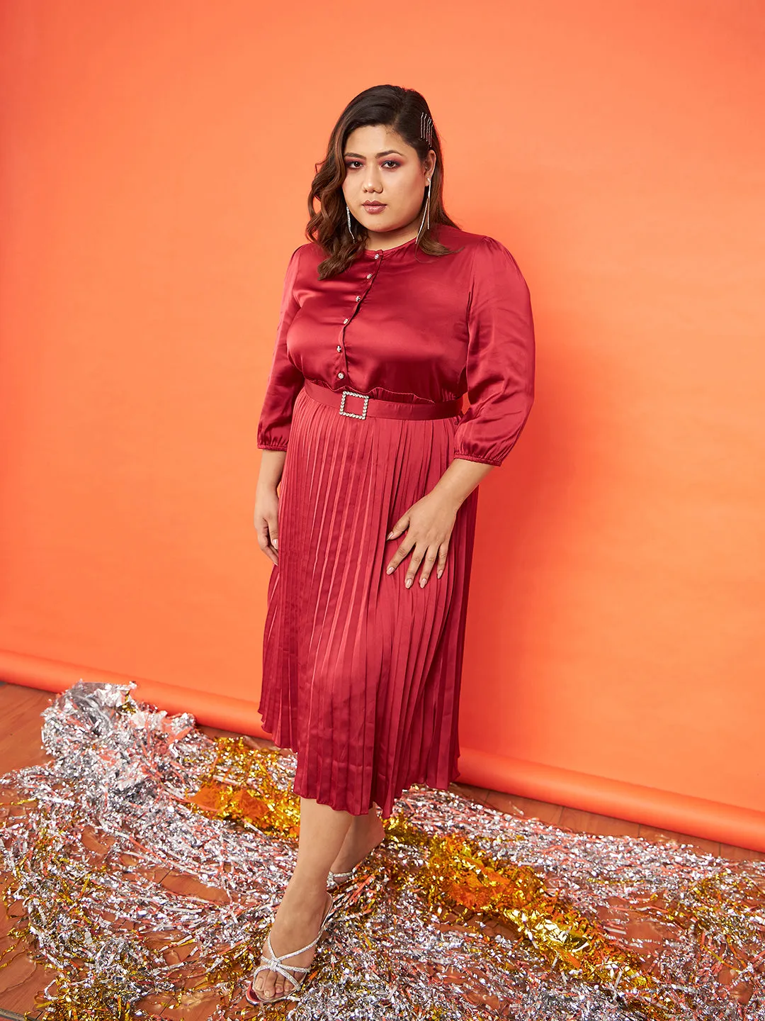 Women Red Satin Accordion Pleated Belted Midi Dress